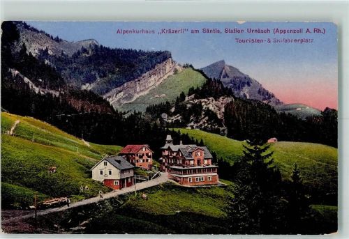 9107 Urnäsch 1923 Gebrauchsspuren Alpenkurhaus Kräzerli am Säntis Station Urnäsch Appenzell Morgenrot