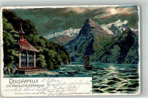 6452 Sisikon 1903 Lithographie sign. Steinmann, C. Tellskapell Mondschein