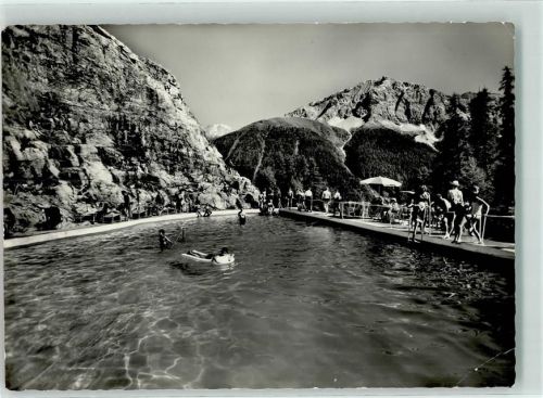 7524 Zuoz Gebrauchsspuren Hotel Castell Felsenschwimmbad mit Piz Mezaun
