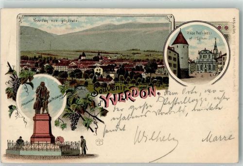 1400 Yverdon-les-Bains 1902 Gebrauchsspuren Place Pestalozzi Kirche Monument Denkmal Lithographie