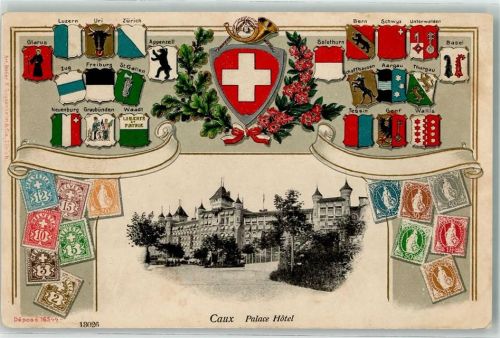 1824 Caux 1908 Prägedruck Palace Hotel Wappen Eichenblatt Horn Schleife Kranz Blumen Briefmarkenabbildungen