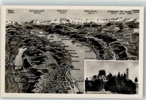 8810 Horgen - Landkarte Zürichsee Feldpost Fliegerposten Gasthaus Bachtel-Kulm