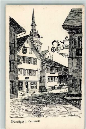 6315 Oberägeri Radierung Dorfpartie sign
