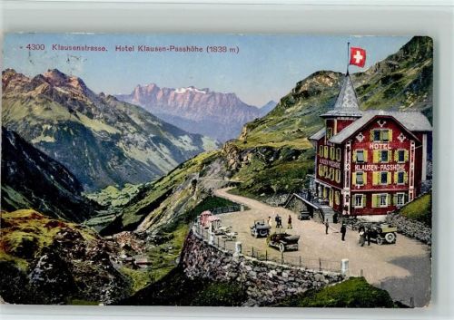 Klausenstrasse 1923 - Hotel Klausen-Passhöhe Wappen Oldtimer