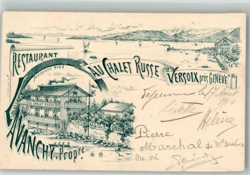1290 Versoix Gebrauchsspuren Gasthaus au Chalet Russe Lithographie Vorläufer Leim löst sich
