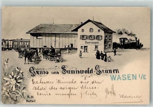 3454 Sumiswald 1909 Künstlerkarte sign. Huttwil Dampflok Bahnhof