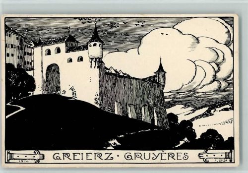 1663 Gruyères 1919 - Federzeichnung sign Gilsi - Schloß