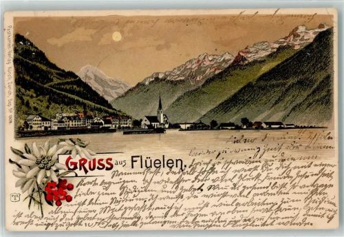 6454 Flüelen 1901 Lithographie / Mondschein Gruss Kirche Blumen Mond