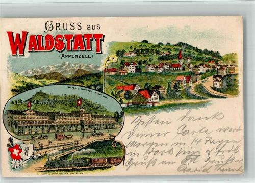 9104 Waldstatt 1900 BOAKC Lithographie Hotel Kurhaus Hirschen Kutsche Eisenbahn