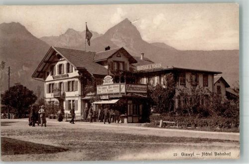 6074 Giswil Foto AK Gasthaus Pension Bahnhof