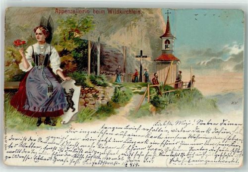 9057 Schwende 1903 Gebrauchsspuren Appenzellerin beim Waldkirchlein