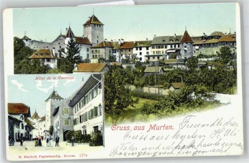 3280 Murten Morat 1902 Lithographie Hotel de la Couronne Kirche