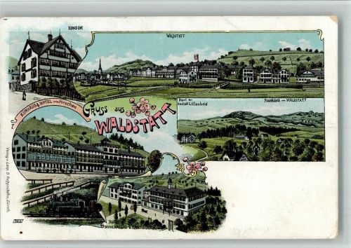 9104 Waldstatt 1914 BOAKC Lithographie Konsum Kurhaus Hotel Zum Hirschen Dampflokomotive Hotel Mineralbad Säntisblick Depot der Anstalt Lilienheid