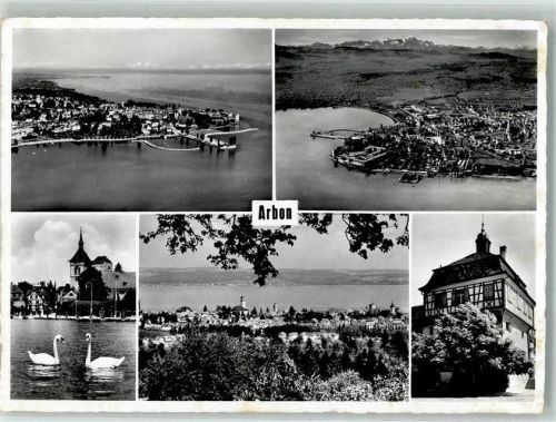 9320 Arbon 1957 Foto AK Fliegeraufnahme Hafen Kirche
