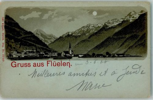 6454 Flüelen 1900 Lithographie / Mondschein