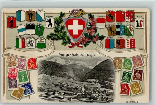 3900 Brig Lithographie / Prägedruck Passepartout Wappen Briefmarkenabbildungen