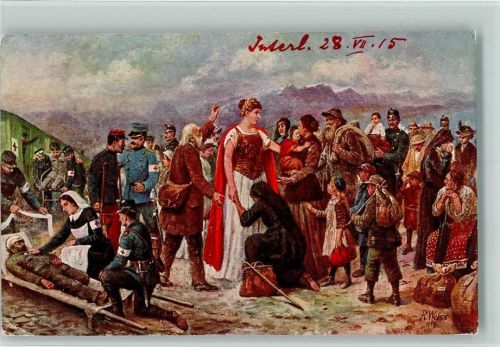 WK I Die Hilfreiche Helvetia - Rotes Kreuz Flüchtlinge , sign Weiss Helvetia 1915 Künstlerkarte