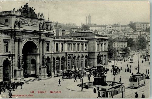 8000 Zürich 1908 Gebrauchsspuren Bahnhof Denkmal Straßenbahn Kutschen