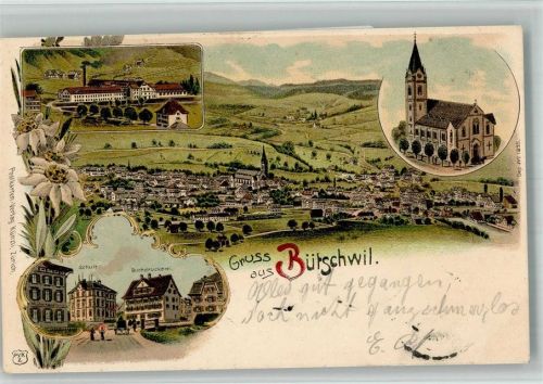 9606 Bütschwil 1900 BOAKC Kirche Schule Fabrik Buchdruckerei Bahnpost Zug 125 Lithographie
