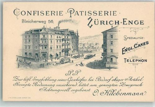 8000 Zürich KEINE AK Confiserie Patiserie O. Kilchenmann Pferdestraßenbahn Bleicherweg 56 Enge Lithographie