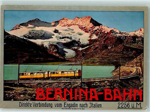 1920 Künstlerkarte Künstler unbekannt Bernina Bahn Direkte Verbindung vom Engadin nach Italien Plakat für Bernania Bahn auf Ansichtskarte Plakatsammlung des Kunstgewerbemuseums
