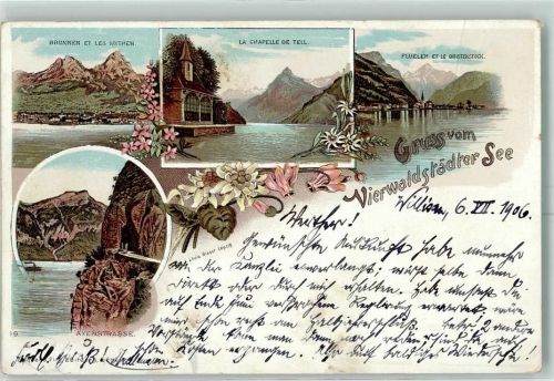 6440 Vierwaldstättersee 1906 Karte beschädigt Brunnen et les Mythen La Chapelle de Tell Fluelen et le Bristenstock Axenstrasse Lithographie