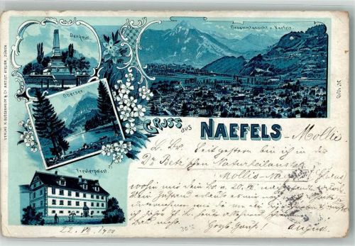 8752 Näfels 1900 Lithographie Denkmal Obersee Freulerpalast