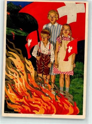 Bern Berne Bundesfeier Mutter mit zwei Kindern mit Schweizer Fahnen vor Feuer sign. MP Verneuil Für bedürftige Schweizer Schulen im Ausland Bundesfeier Ganzsachen Schweiz 1930 Künstlerkarte