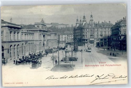 8000 Zürich - Lifaßsäule, Bahnhofplatz, Bahnhof, Straßenbahn, Kutsche, Polytechnikum