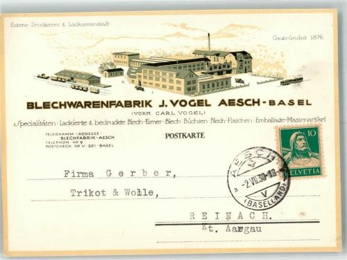 4147 Aesch BL Lithographie Werbung Blechwarenfabrik J. Vogel