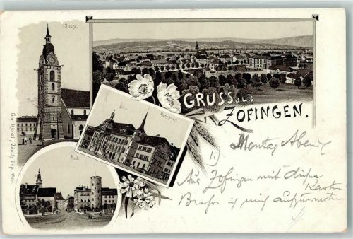 4800 Zofingen 1896 Lithographie Kirche Rathaus Post Verlag Künzli Nr 201