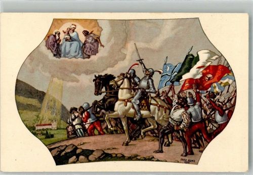 7180 Disentis Mustér Foto AK Kirche Freskobild Wallfahrt der Bündner n.d.Calvenschlacht sign. Kunz, F.