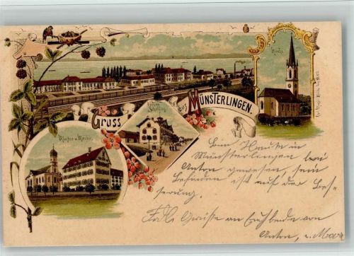 8596 Münsterlingen 1899 BOAKC Lithographie Bahnhof Kirche Kloster Pension Schelling Verlag Künzli Nr 652