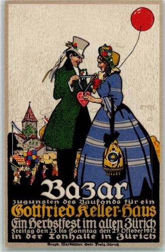 8000 Zürich 1912 Lithographie / Künstlerkarte sign. Moos Bazar zu Gunsten des Baufonds Gottfried Keller Haus AK