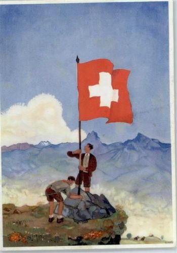 Bergsteiger mit Fahne Bundesfeier / Pro Patria Schweiz Künstlerkarte