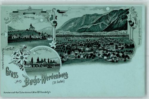 9470 Werdenberg Lithographie / Mondschein Werdenberg Buchs Grenzbahnhof Buchs