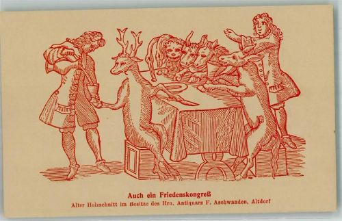 6377 Seelisberg 1919 Künstlerkarte Festgruß Jahresversammlung Historischer Verein für Volkskunde Holzschnitt Tiere vermenschlicht