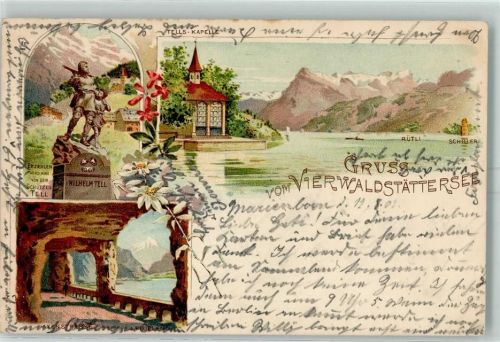 6440 Vierwaldstättersee Lithographie Tell-Denkmal Tells-Kapelle Axenstrasse