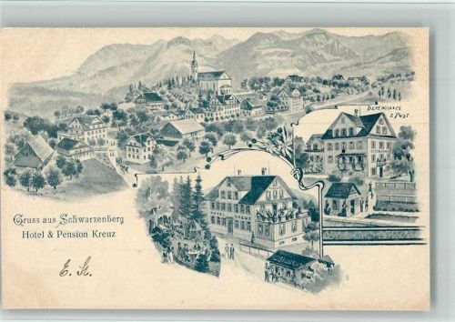 Schwarzenberg 1901 BOAKC Lithographie Hotel Pension Kreuz Dependance Post