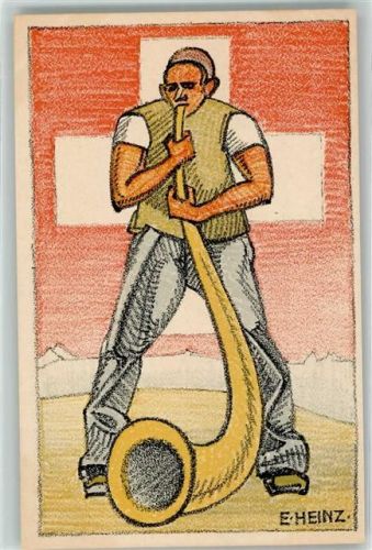 Künstlerkarte Alphornbläser sign. E. Heinz