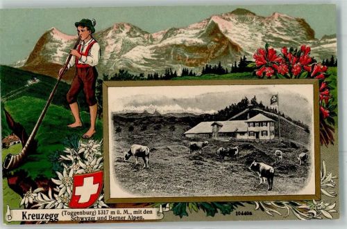 Chrüzegg Prägedruck Tracht Alphorn Gasthaus Lithographie