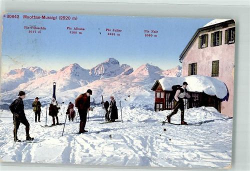 Muottas Muraigl 1914 - Skifahrer Winter Gasthaus Liss Hüttenstempel