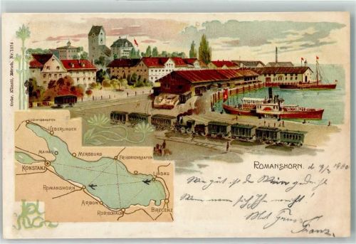 8590 Romanshorn 1900 Lithographie Seitenraddampfer Zug Bodensee Künzli Zürich Dep. Nr. 1214