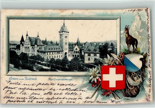 8000 Zürich 1900 Gebrauchsspuren Landesmuseum Gämse Edelweiss Wappen Lithographie/Prägedruck