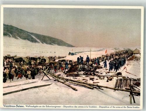 2126 Les Verrières Winterlithographie Grenze Waffenabgabe sign. Castres von Genf