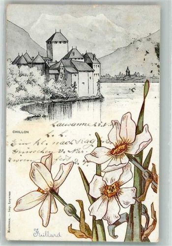 Chillon Chateau 1902 Lithographie / Künstlerkarte Schloss Blumen
