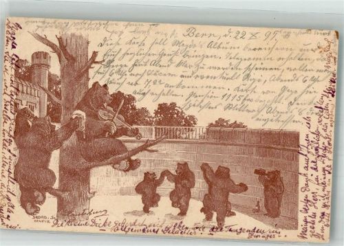 3000 Bern Berne 1897 Lithographie / Künstlerkarte Tanzende Bären zur Musik einer Geige Tiere vermenschlicht