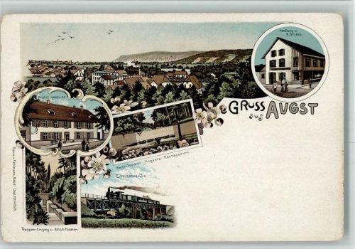 4302 Augst BL BOAKC Lithographie Handlung R. Schaub Anstaltsgebäude Amphitheater Augusta Rauracorum Eisenbahnbrücke Gebrauchsspuren, bitte Scan genau beachten!