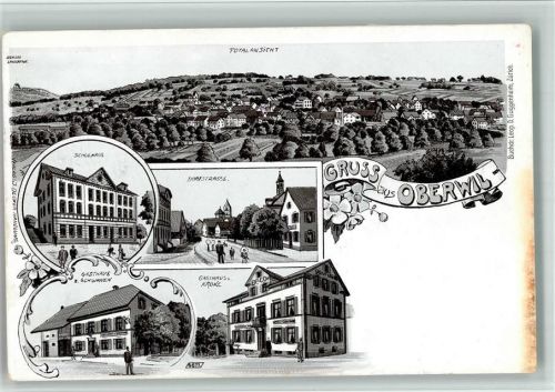 4104 Oberwil BL 1904 BOAKC Lithographie Schulhaus Dorfstraße Gasthaus Zum Schwanen Zur Krone