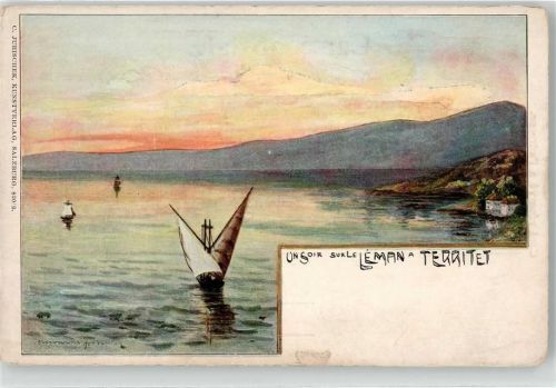 1820 Territet Künstlerkarte See Segelboot sign.